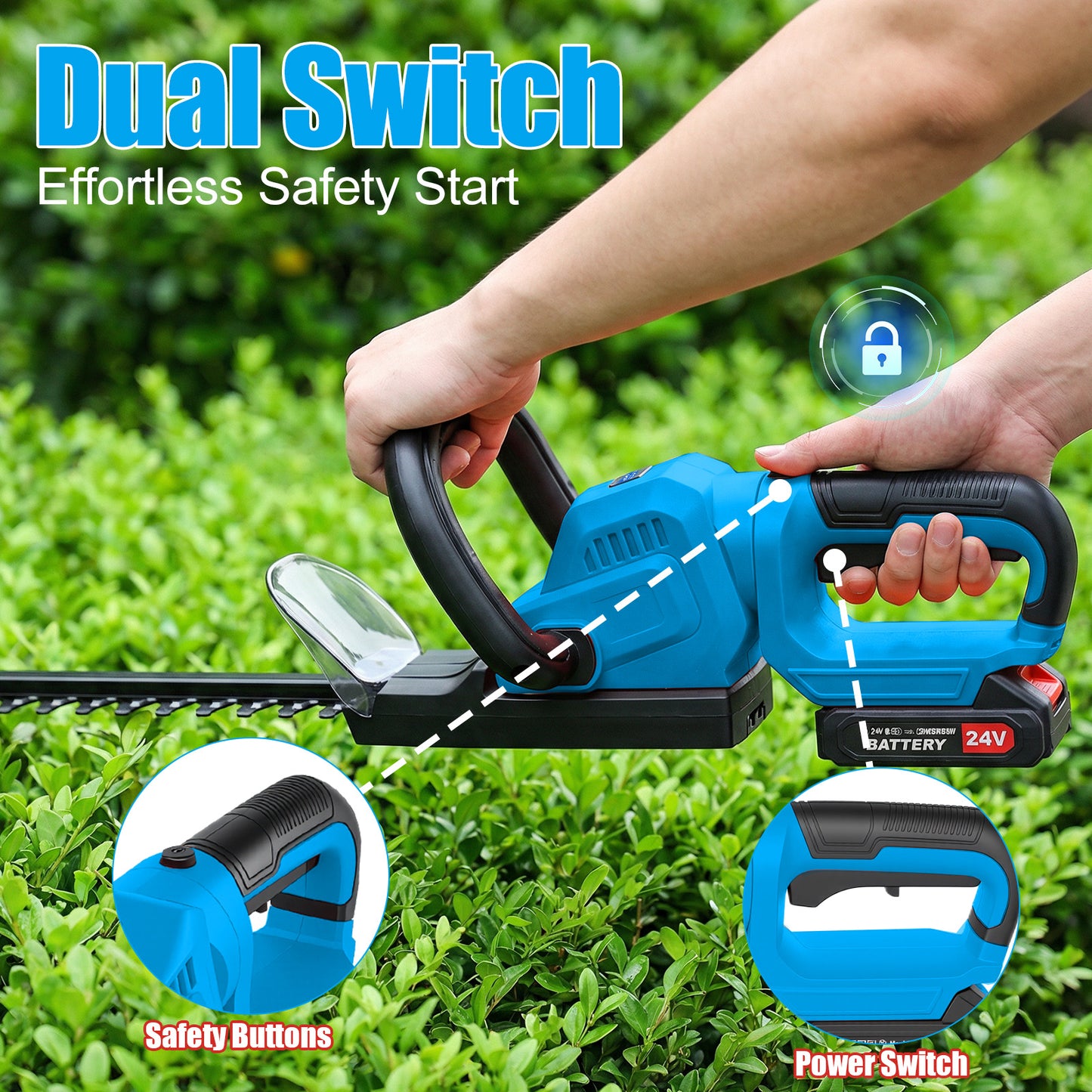 22" Cordless Hedge Trimmer with 180～ Rotatable Head, 21V Electric Bush Trimmer with 2 x 2000mAh Batteries, 1000W 24000r/min Motor, 68Mn Steel Blade for Garden Yard, Blue