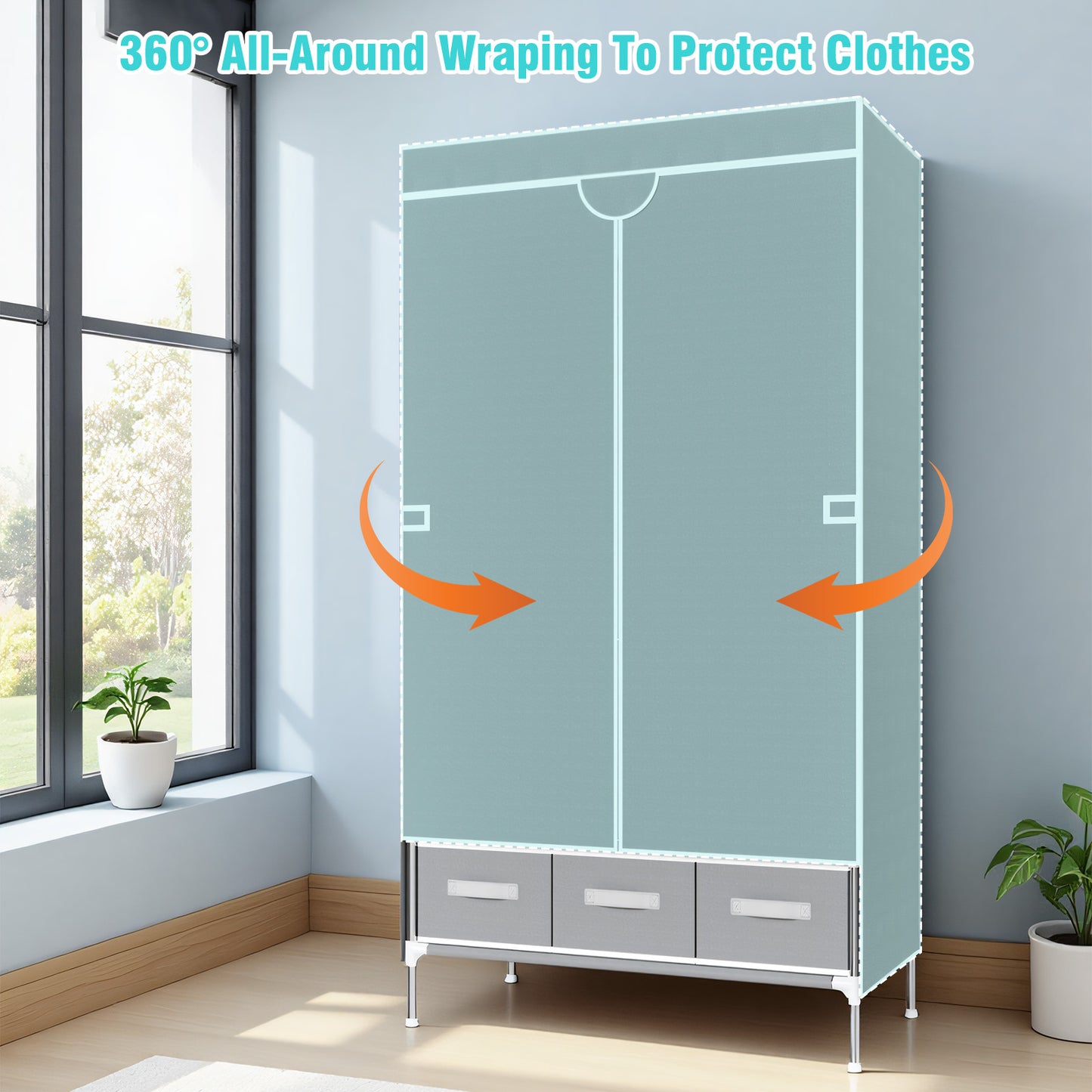 Simple & Portable Non-Woven Fabric Wardrobe with Hanging Space for Coats and Bags, Sturdy & Easy to Assemble, Includes 3 Storage Drawers, Ideal for Rentals, Dorms, Bedrooms, Gray
