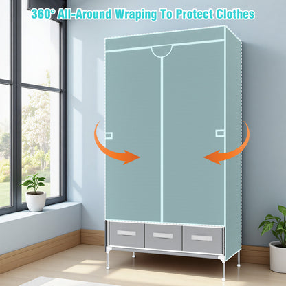 19mm Pipe Non-Woven Fabric Wardrobe with Hanging Space for Coats and Bags, Sturdy & Easy to Assemble, Includes 3 Storage Drawers, Ideal for Rentals, Dorms, Bedrooms, Gray