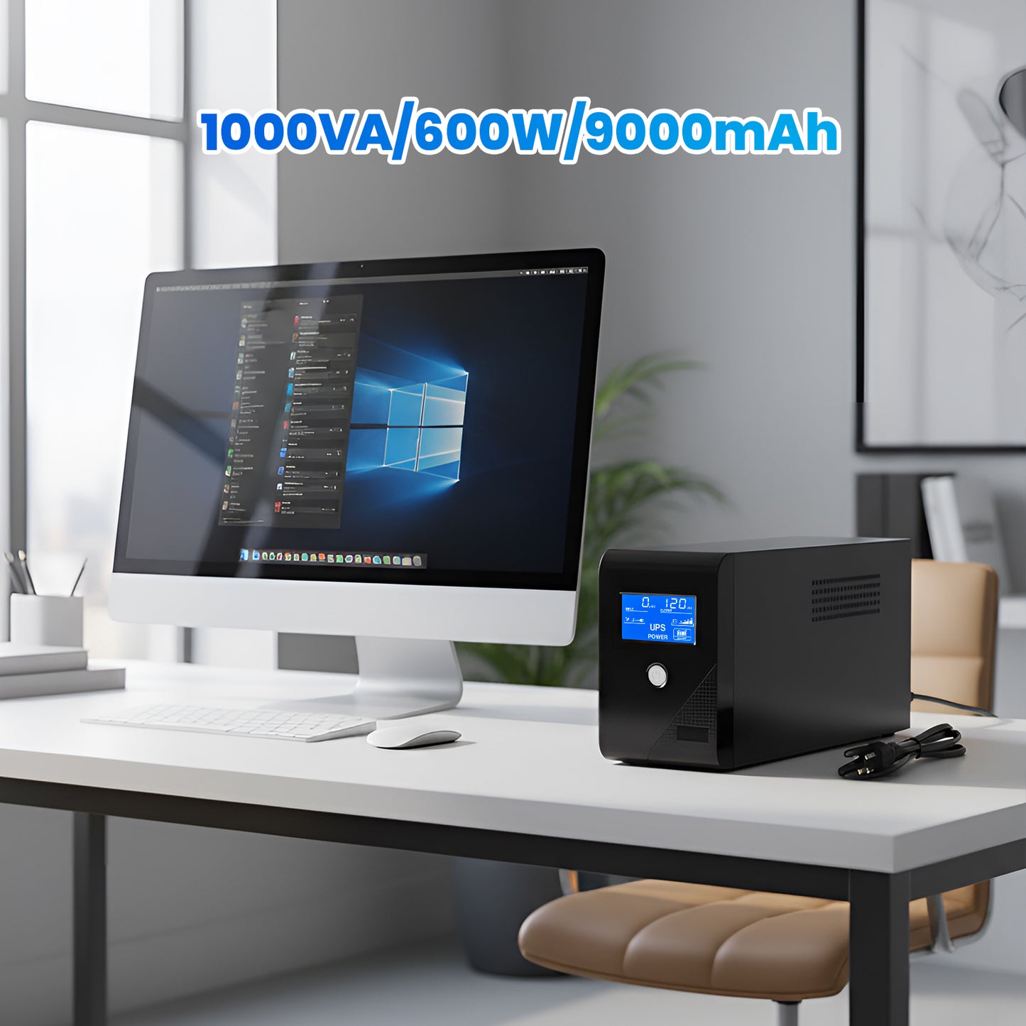 CATGOOD Backup UPS Power Supply 1000VA 600W Battery Backup Power with 3 Outlets and LCD Display, Suitable for Home and Office