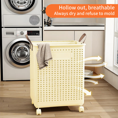 Collapsible Laundry Basket with Wheels and Handle, Plastic Foldable Laundry Hamper, Versatile Portable Storage Basket, Durable and Practical for Laundry and Bathroom