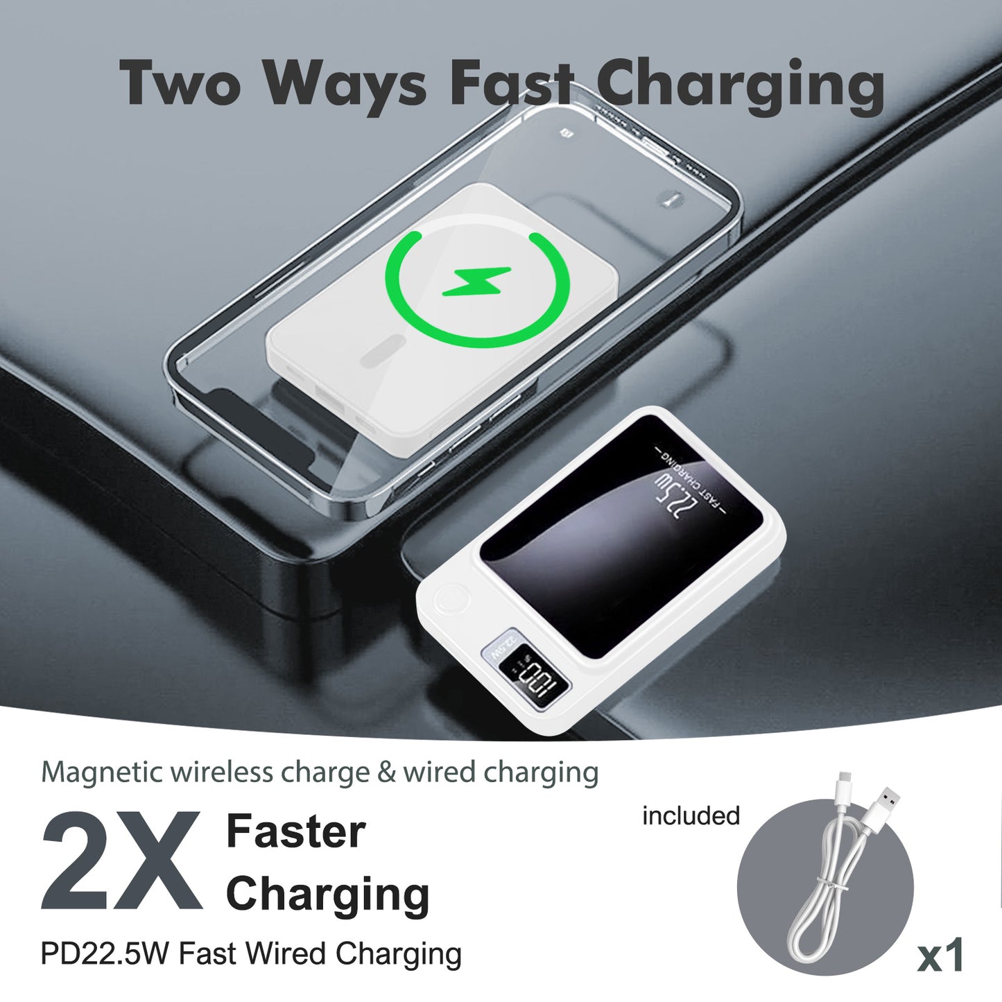 2 in 1 Portable Magnetic Wireless Power Bank, 10000mAh 22.5W Fast Charging, with LED Power Display, Suitable for Outdoor Emergency Backup Power Bank, Compatible with Multi Device, White
