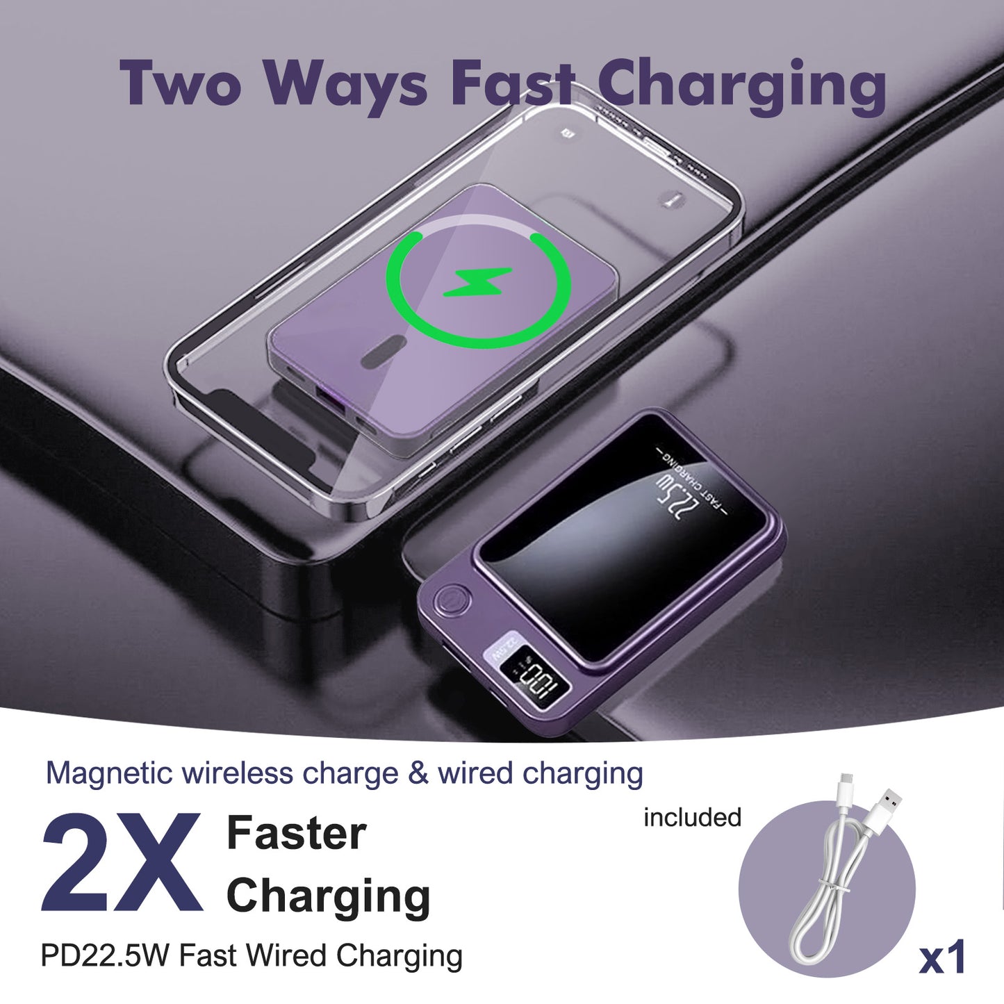 2 in 1 Portable Magnetic Wireless Power Bank, 10000mAh 22.5W Fast Charging, with LED Power Display, Suitable for Outdoor Emergency Backup Power Bank, Compatible with Multi Device, Purple