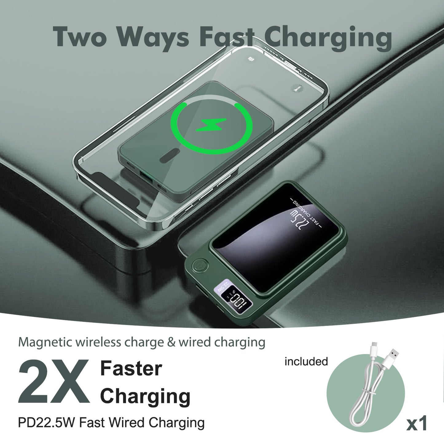 10,000mAh Power Bank with LED Power Display, 22.5W Portable Charger 2-in-1 Wireless, Magnetic Portable Power Bank Fast Charging, Suitable for Outdoor Travel Backup Small Phone Charger, Green
