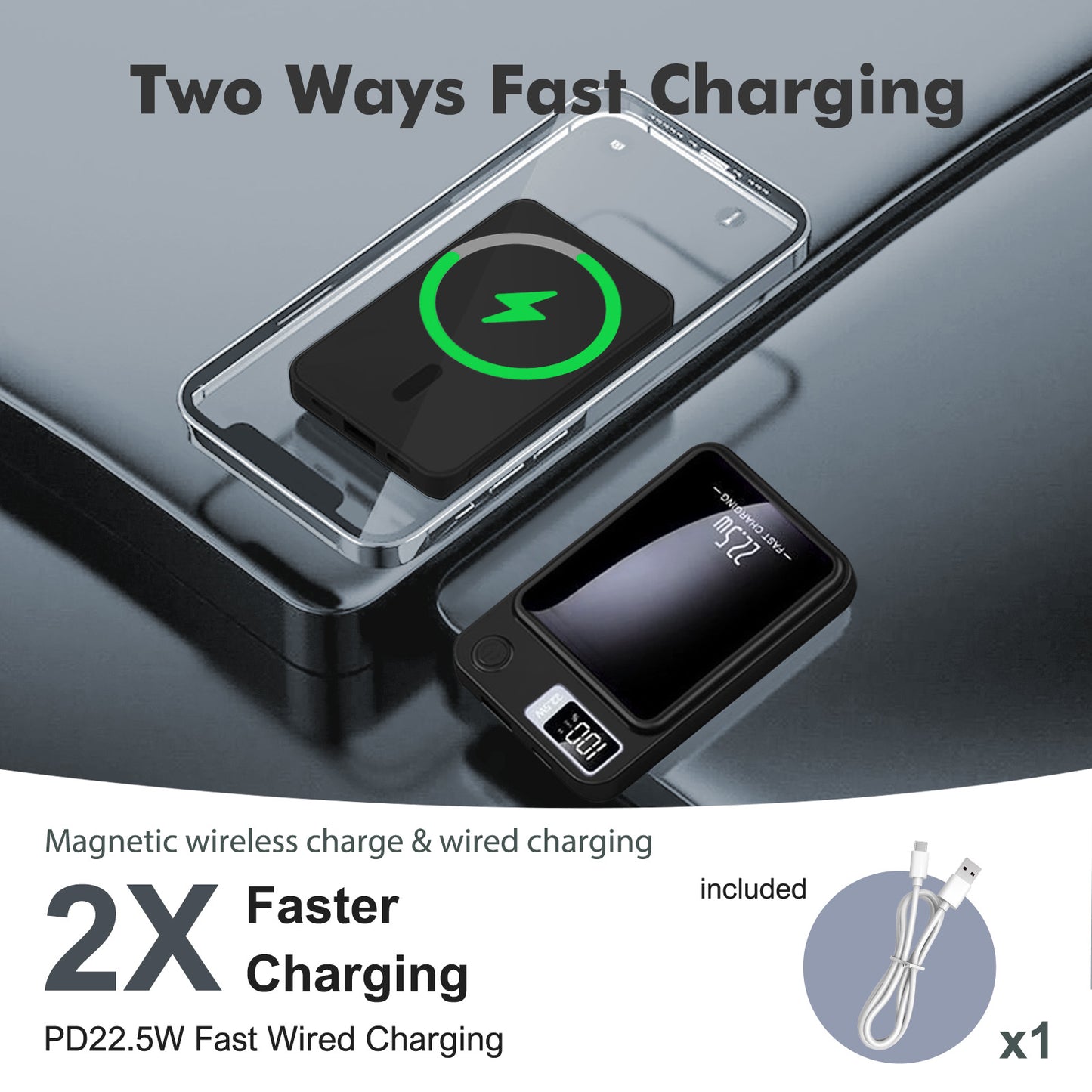 10000mAh Portable Charger with LED Power Display, 22.5W Fast Charging Phone Battery Bank, 2-in-1 Wireless Magnetic Power Bank, Suitable for Outdoor Travel Emergency Backup Battery Pack, Black