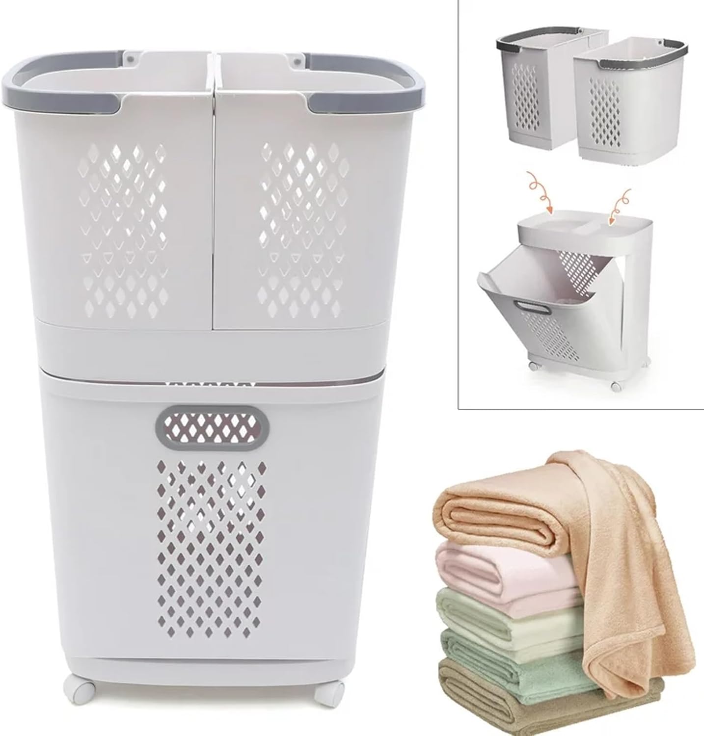 2 Tier Rolling Laundry Hamper Sorter, Removable Laundry Basket Cart with Wheels and Handle, White Portable Storage Baskets with 3 Deep Baskets for Kitchens, Bathrooms, Bedrooms and Laundry Rooms