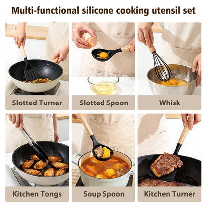 Silicone Cooking Utensils Set, Heat Resistant Kitchen Cooking Utensils Set, 12 PCS Handle Silicone Kitchen Gadgets Utensil Set, Black