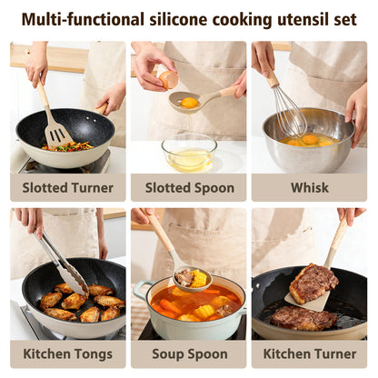 Silicone Cooking Utensils Set, Heat Resistant Kitchen Cooking Utensils Set, 12 PCS Handle Silicone Kitchen Gadgets Utensil Set, Khaki