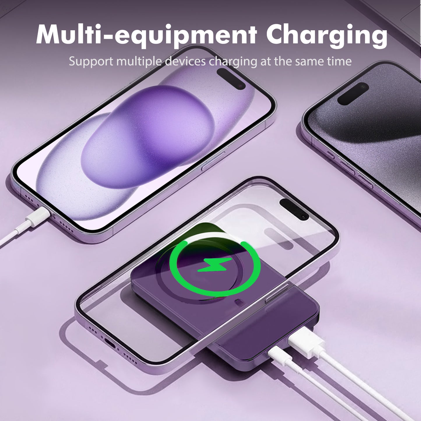 2 in 1 Portable Magnetic Wireless Power Bank, 10000mAh 22.5W Fast Charging, with LED Power Display, Suitable for Outdoor Emergency Backup Power Bank, Compatible with Multi Device, Purple