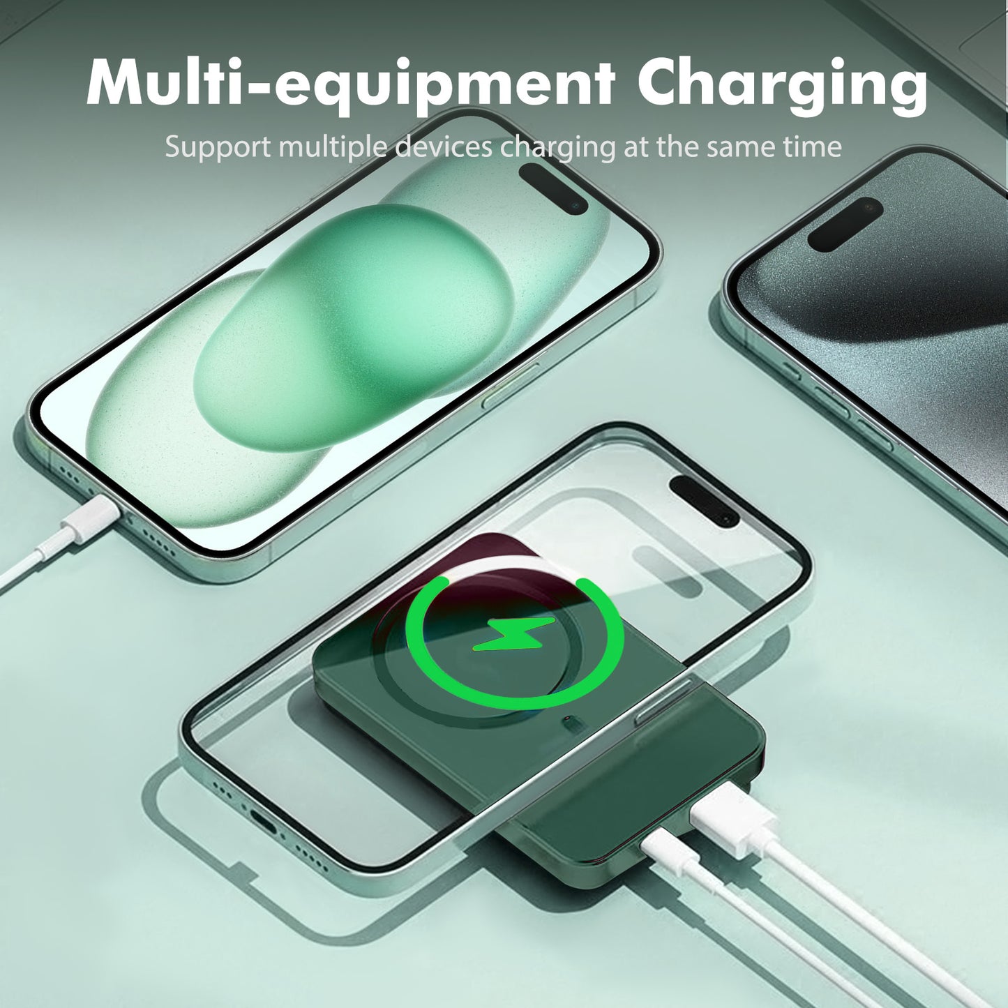 10,000mAh Power Bank with LED Power Display, 22.5W Portable Charger 2-in-1 Wireless, Magnetic Portable Power Bank Fast Charging, Suitable for Outdoor Travel Backup Small Phone Charger, Green