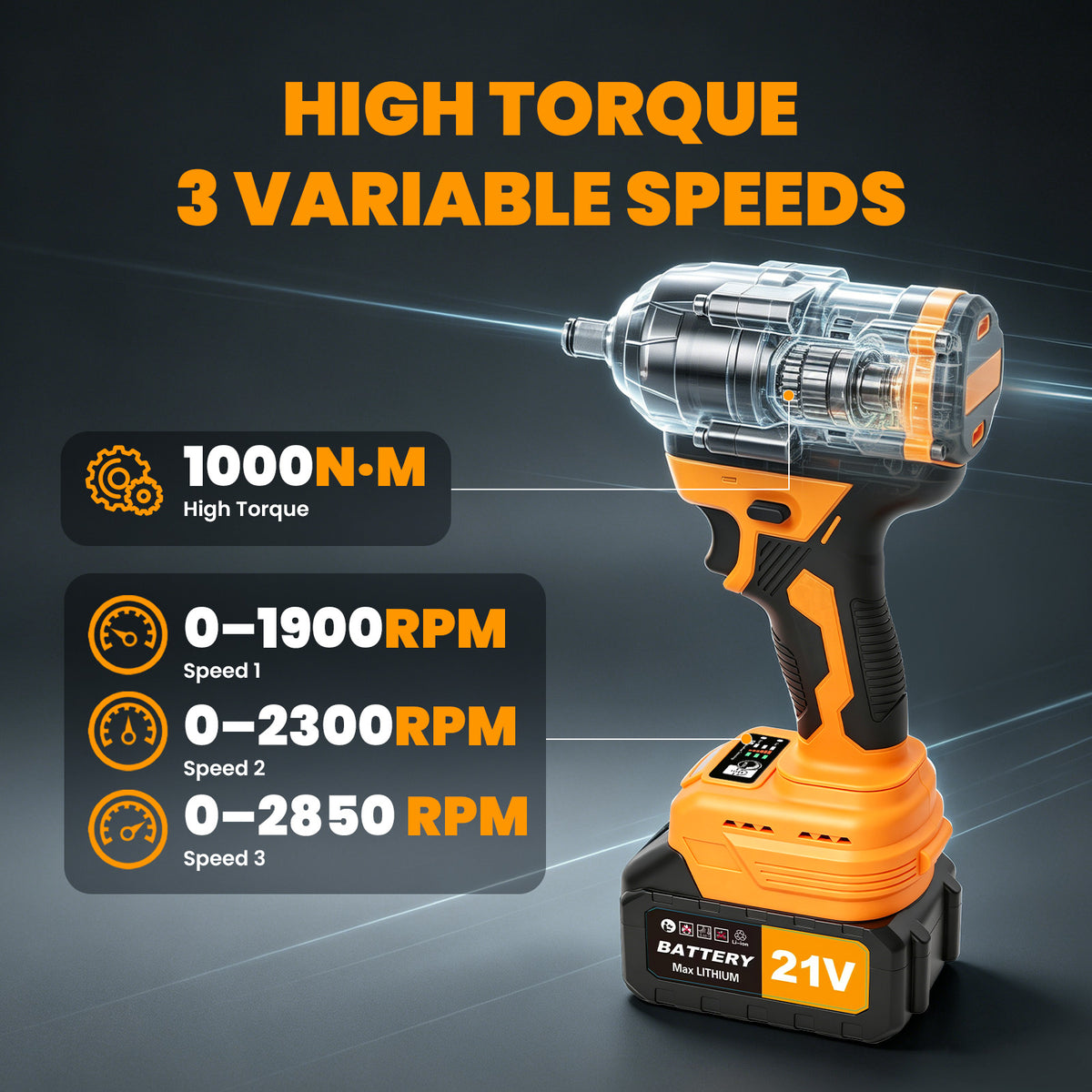 1300Nm Cordless Impact Wrench, 21V Impact Wrench 1/2 inch, High Efficiency Brushless Motor with Fast Charger and 2 x 3.0Ah Battery