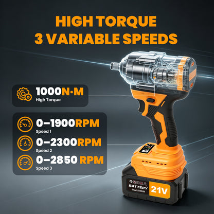 1300Nm Cordless Impact Wrench, 21V Impact Wrench 1/2 inch, High Efficiency Brushless Motor with Fast Charger and 2 x 3.0Ah Battery