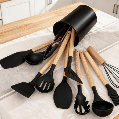 Silicone Cooking Utensils Set, Heat Resistant Kitchen Cooking Utensils Set, 12 PCS Handle Silicone Kitchen Gadgets Utensil Set, Black
