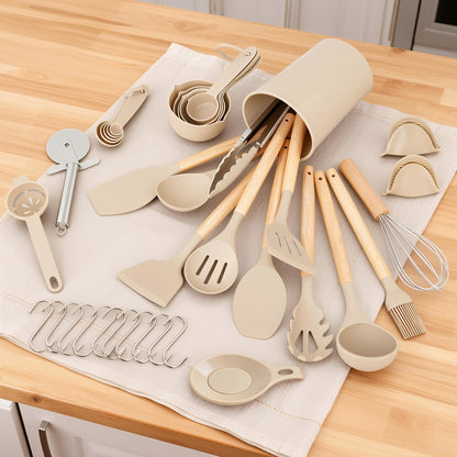 Silicone Cooking Utensils Set, Heat Resistant Kitchen Tools, 36 PCS Non-Stick Silicone Cooking Kitchen Utensils, Khaki