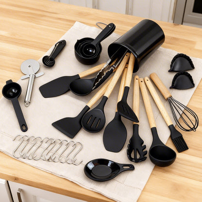 Silicone Cooking Utensils Set, Heat Resistant Kitchen Tools, 36 PCS Non-Stick Silicone Cooking Kitchen Utensils, Black