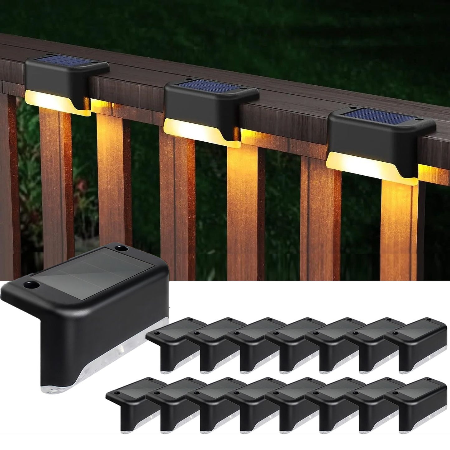 16 Pack Solar Deck Lights Outdoor, Solar Step Lights Waterproof LED Solar Lights for Outdoor Stairs Step Fence Yard Patio Pathway Christmas Decoration Lights(Black-Warm White)