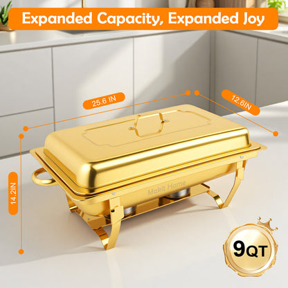 Dish Buffet Set 1 Pack, 9QT Stainless Steel Square Chafing Dishes with Full Gold Plating Rack, 12 Inch Gold Plum Blossom Serving Tongs for Parties, Events, Wedding, Camping, Dinner