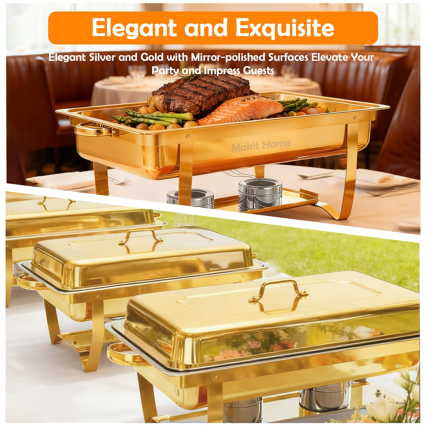 Dish Buffet Set 1 Pack, 9QT Stainless Steel Square Chafing Dishes with Full Gold Plating Rack, 12 Inch Gold Plum Blossom Serving Tongs for Parties, Events, Wedding, Camping, Dinner