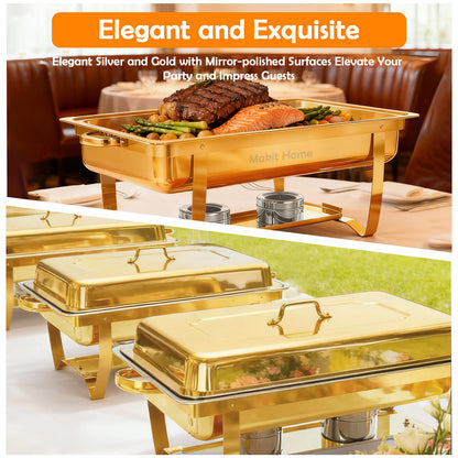 Dish Buffet Set 1 Pack, 9QT Stainless Steel Square Chafing Dishes with Full Gold Plating Rack, 12 Inch Gold Plum Blossom Serving Tongs for Parties, Events, Wedding, Camping, Dinner