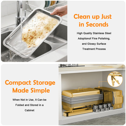 Dish Buffet Set 1 Pack, 9QT Stainless Steel Square Chafing Dishes with Full Gold Plating Rack, 12 Inch Gold Plum Blossom Serving Tongs for Parties, Events, Wedding, Camping, Dinner