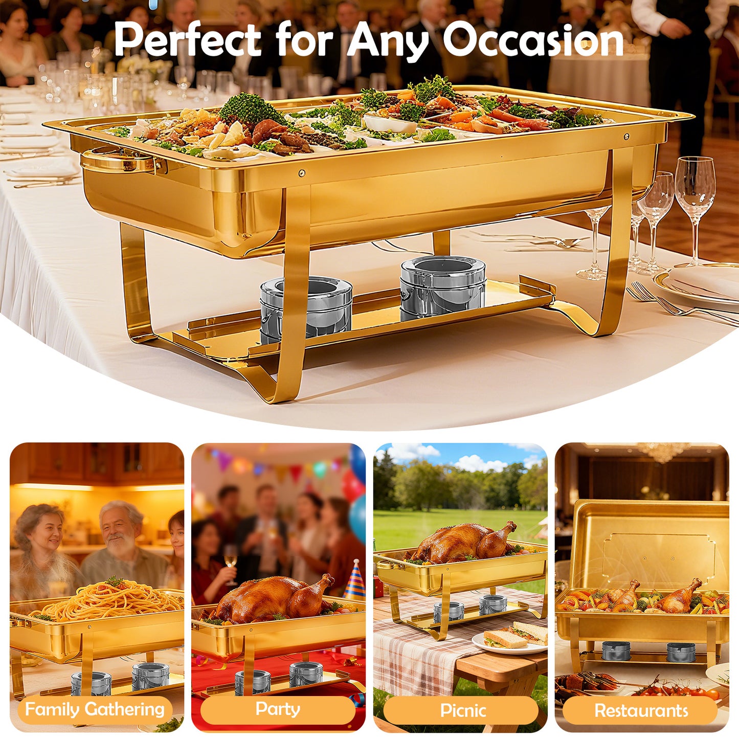 Chafing Dishes for Buffet, 2 Pack 9QT Gold Chafing Dish Buffet Set, High Grade Buffet Servers and Warmers with All-Gold Serving Tongs, Food Warmers for Parties Buffet, Events & Weddings