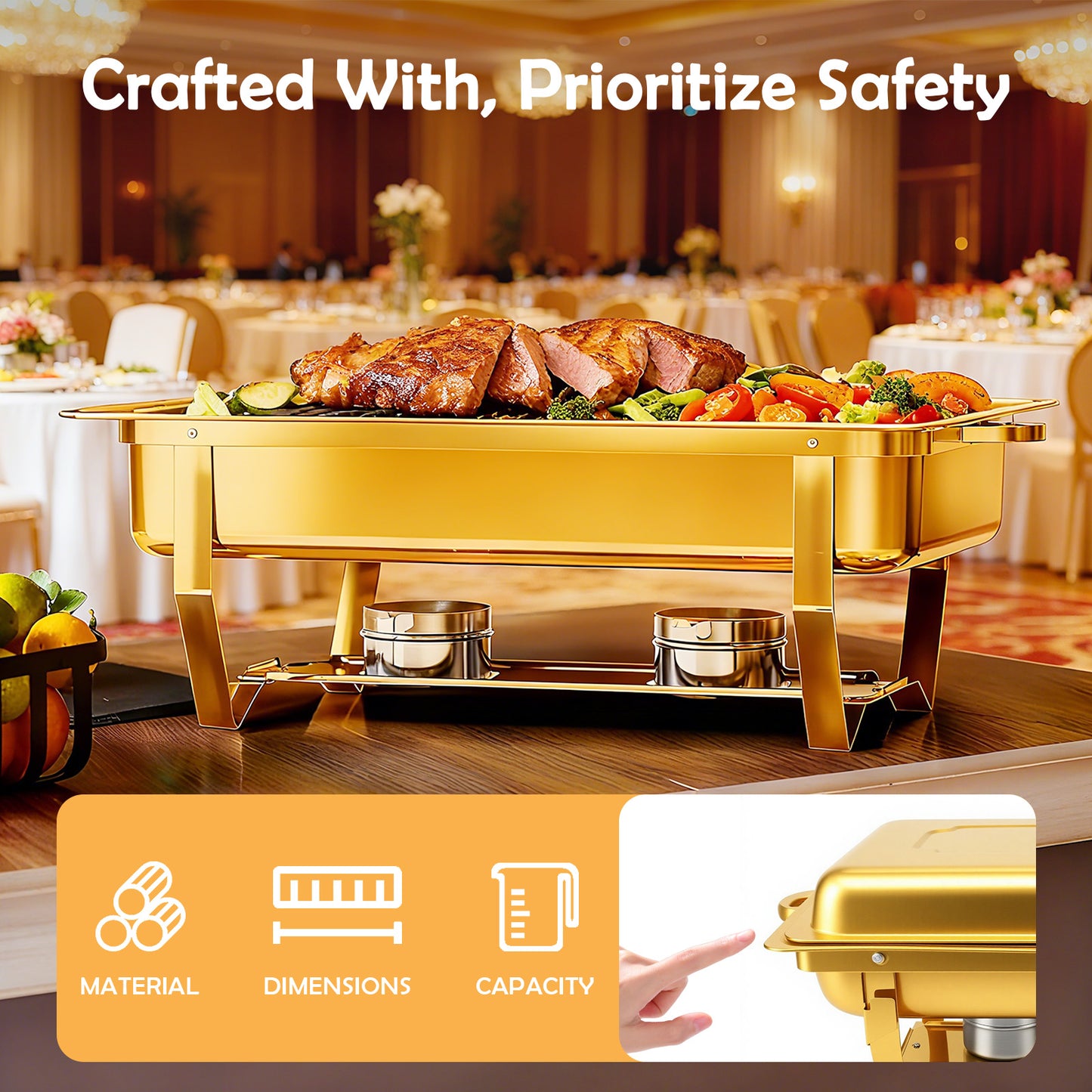 Chafing Dishes for Buffet, 2 Pack 9QT Gold Chafing Dish Buffet Set, High Grade Buffet Servers and Warmers with All-Gold Serving Tongs, Food Warmers for Parties Buffet, Events & Weddings