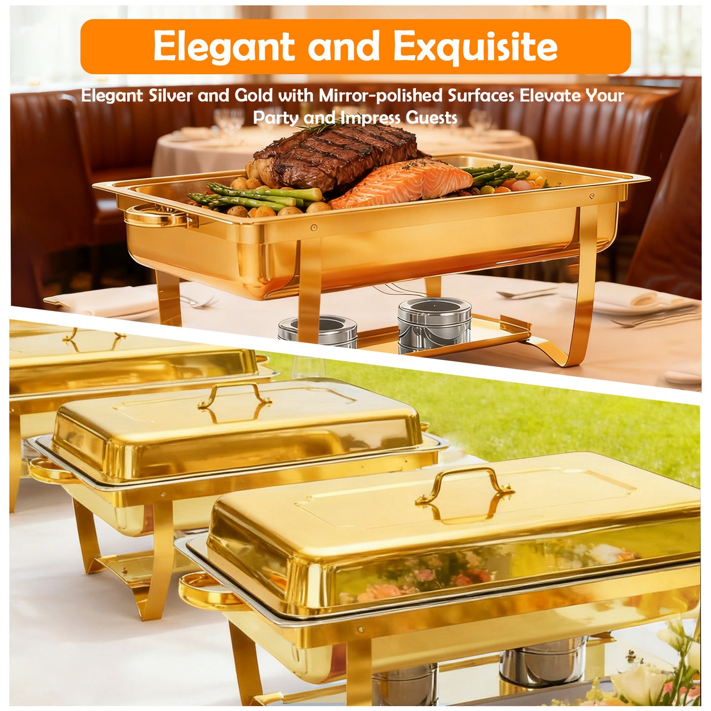 Dish Buffet Set 4 Pack, 9QT Stainless Steel Square Chafing Dishes with Full Gold Plating Rack, 12 Inch Gold Plum Blossom Serving Tongs  for Parties, Events, Wedding, Camping, Dinner