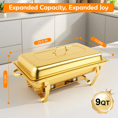 Dish Buffet Set 4 Pack, 9QT Stainless Steel Square Chafing Dishes with Full Gold Plating Rack, 12 Inch Gold Plum Blossom Serving Tongs  for Parties, Events, Wedding, Camping, Dinner