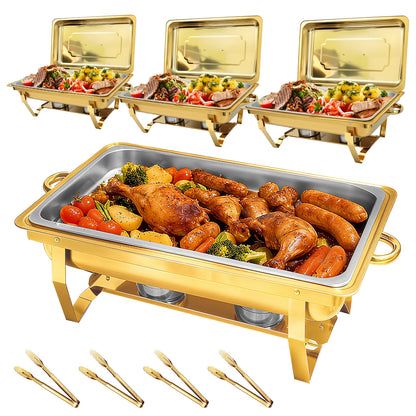 Dish Buffet Set 4 Pack, 9QT Stainless Steel Square Chafing Dishes with Full Gold Plating Rack, 12 Inch Gold Plum Blossom Serving Tongs  for Parties, Events, Wedding, Camping, Dinner