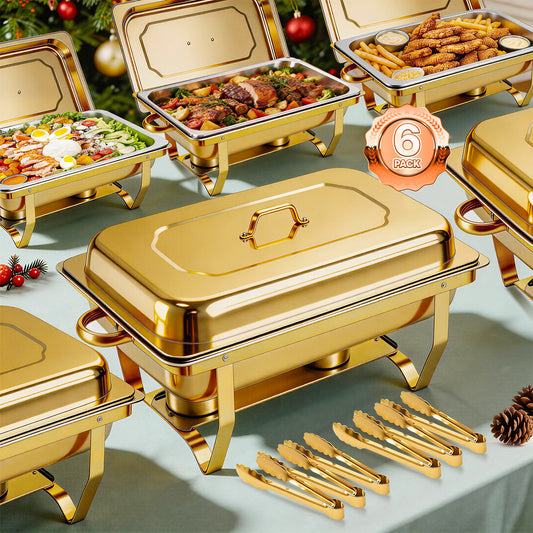 Dish Buffet Set 6 Pack, 9QT Stainless Steel Square Chafing Dishes with Full Gold Plating Rack, 12 Inch Gold Plum Blossom Serving Tongs  for Parties, Events, Wedding, Camping, Dinner