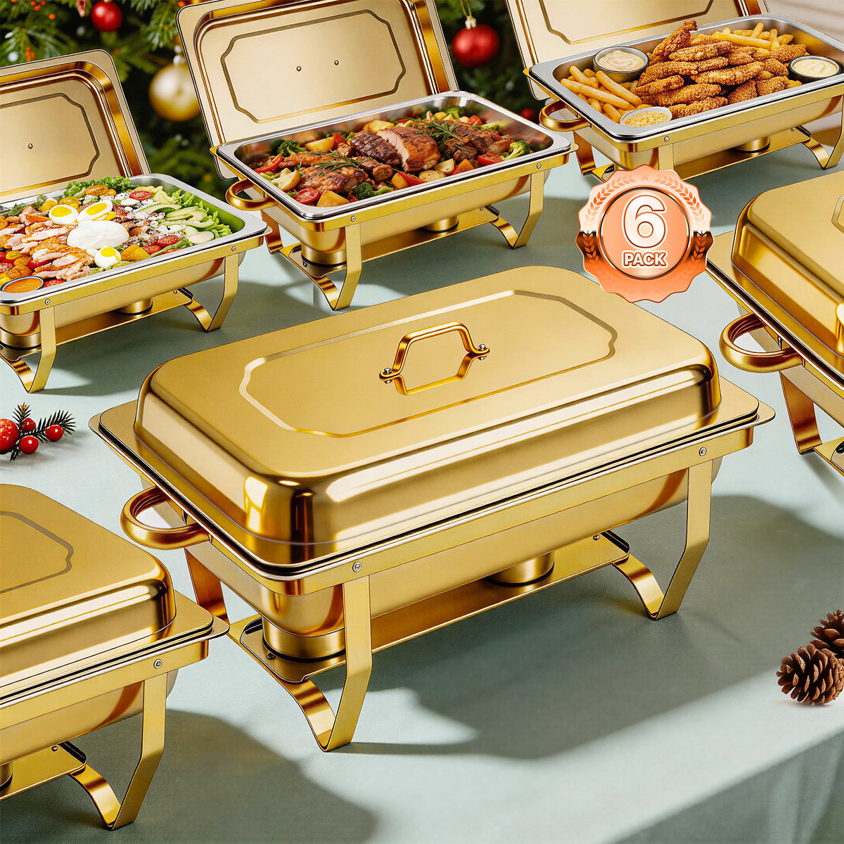 Dish Buffet Set 6 Pack, 9QT Stainless Steel Square Chafing Dishes with Full Gold Plating Rack, Buffet Servers and Food Warmers for Catering, Parties, Weddings, Camping and Dinner Events