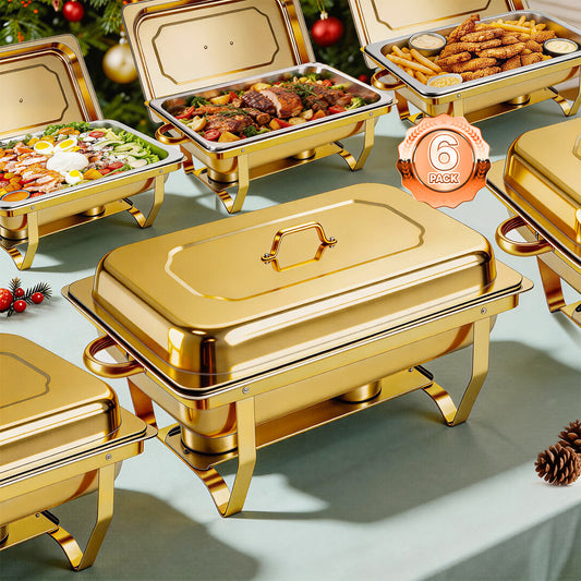 Dish Buffet Set 6 Pack, 9QT Stainless Steel Square Chafing Dishes with Full Gold Plating Rack, Buffet Servers and Food Warmers for Catering, Parties, Weddings, Camping and Dinner Events