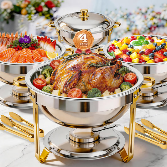 Chafing Dish Buffet Set with 4 Food Tongs, 6 QT Stainless Steel Chafing Dishes Round Buffet Food Warmer Chafers Set for Parties Catering Event, Lid Holder 4PCS