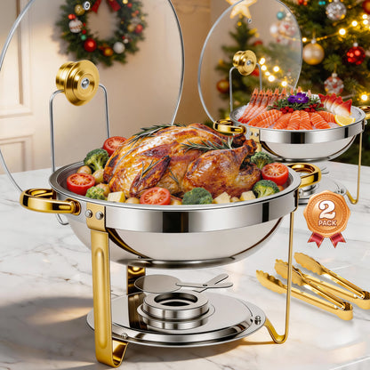 BAOKALER Chafing Dishes for Buffet 2 Pack, 5.3QT Round Chafing Dish Buffet Set for Parties, Gold Stainless Steel Buffet Servers and Warmers with 2 Serving Tongs