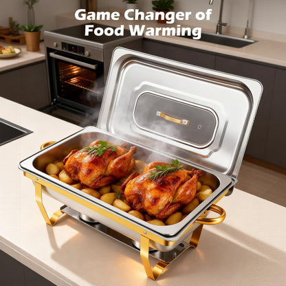 Chafing Dishes for Buffet 2 Pack, 9QT Roll Edge Designed Chafing Dish Buffet Set [Semi-Glass Lid] Food Warmers for Parties, Birthday, Holiday Parties, Church Events (Semi-Gold)