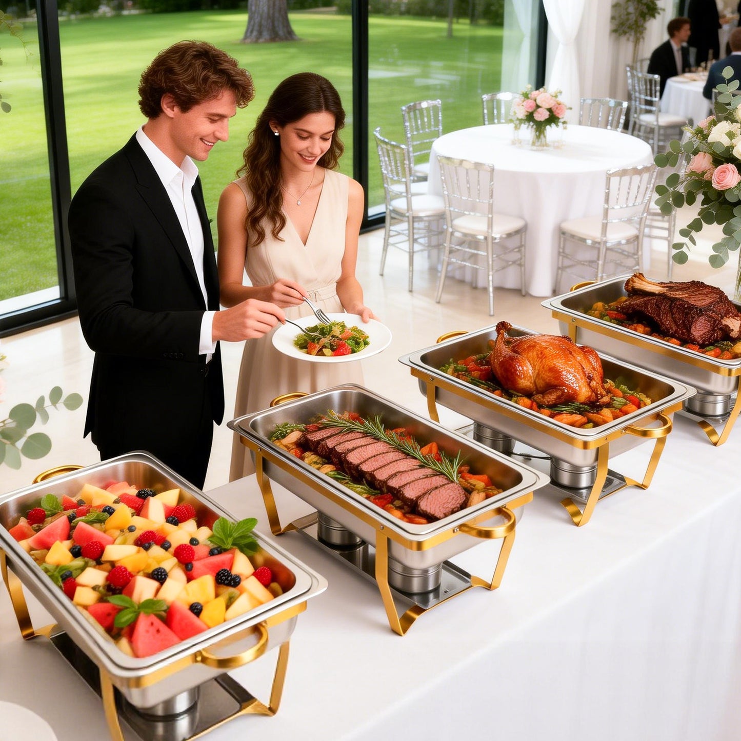 Chafing Dishes for Buffet 2 Pack, 9QT Roll Edge Designed Chafing Dish Buffet Set [Semi-Glass Lid] Food Warmers for Parties, Birthday, Holiday Parties, Church Events (Semi-Gold)