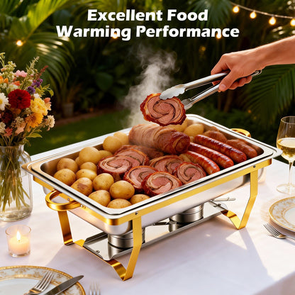 Chafing Dish Buffet Set 4 Pack, 9 QT Rectangular Stainless Steel Chafer and Buffet Warmer Sets for Hotel Catering, Parties, Weddings(Gold)