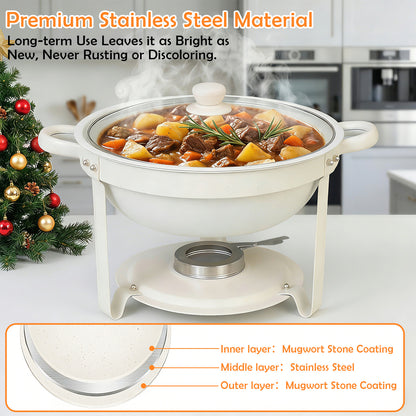 CATGOOD 5.3QT Round Chafing Dishes for Wedding Receptions, Large Parties & Catering, White Maifanite Food Warmers, Stackable with Lid Holder, 4-Piece Complete Buffet Set