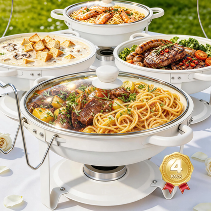 CATGOOD Chafing Dish Buffet Set 4 Pack: 5.3QT Round Chafing Dishes for Buffet with Glass Lids, Heating and Cooling Buffet Servers and Warmers for Parties Buffet,Gatherings,Weddings