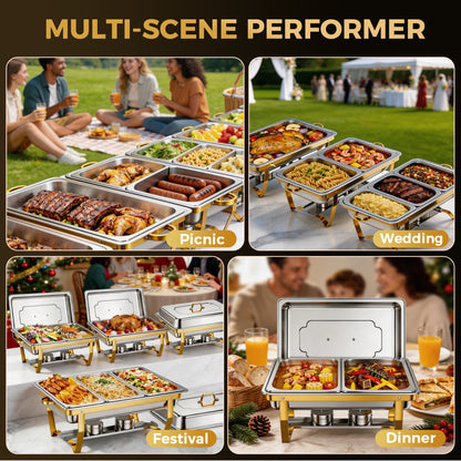 Chafing Dishes for Buffet 9Qt 4 Pack Multiple Food Pans Combo, Sturdy and High Grade Stainless Steel Chafing Dishes for Weddings, Parties & Festival, Gold