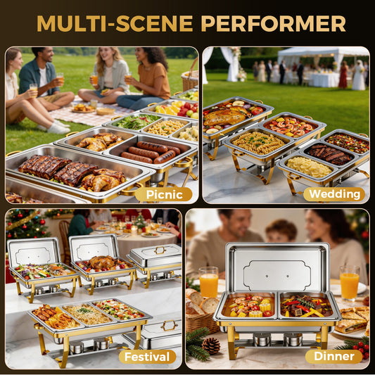 Chafing Dishes for Buffet 9Qt 4 Pack Multiple Food Pans Combo, Sturdy and High Grade Stainless Steel Chafing Dishes for Weddings, Parties & Festival, Gold