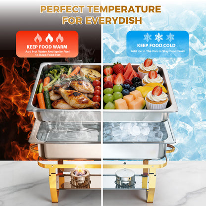 Chafing Dishes for Buffet 9Qt 4 Pack Multiple Food Pans Combo, Sturdy and High Grade Stainless Steel Chafing Dishes for Weddings, Parties & Festival, Gold