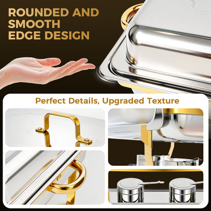 Chafing Dishes for Buffet 9Qt 4 Pack Multiple Food Pans Combo, Sturdy and High Grade Stainless Steel Chafing Dishes for Weddings, Parties & Festival, Gold
