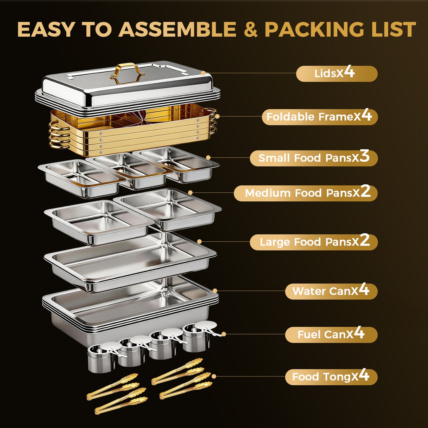 Chafing Dishes for Buffet 9Qt 4 Pack Multiple Food Pans Combo, Sturdy and High Grade Stainless Steel Chafing Dishes for Weddings, Parties & Festival, Gold