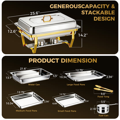 Chafing Dishes for Buffet 9Qt 4 Pack Multiple Food Pans Combo, Sturdy and High Grade Stainless Steel Chafing Dishes for Weddings, Parties & Festival, Gold