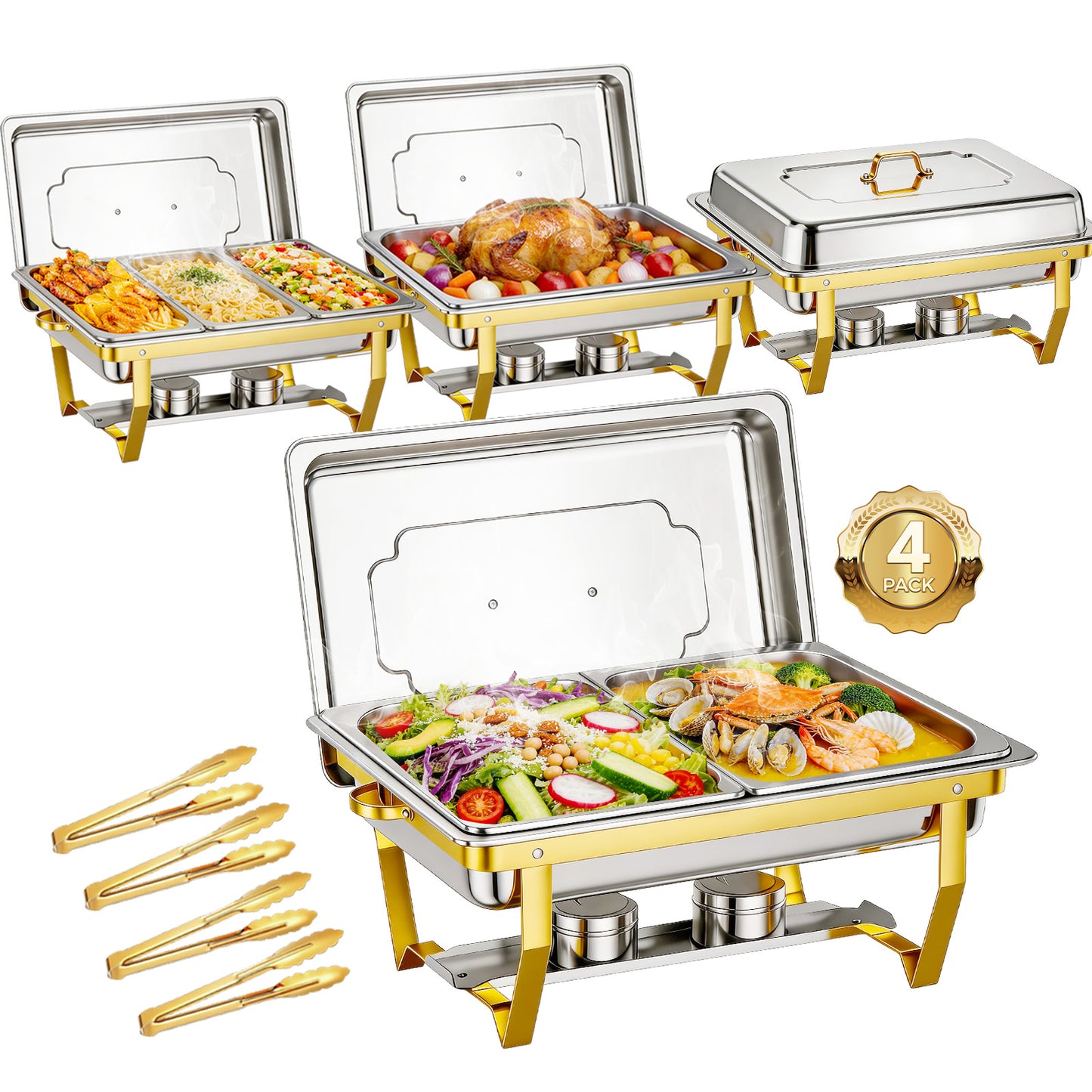 Chafing Dishes for Buffet 9Qt 4 Pack Multiple Food Pans Combo, Sturdy and High Grade Stainless Steel Chafing Dishes for Weddings, Parties & Festival, Gold