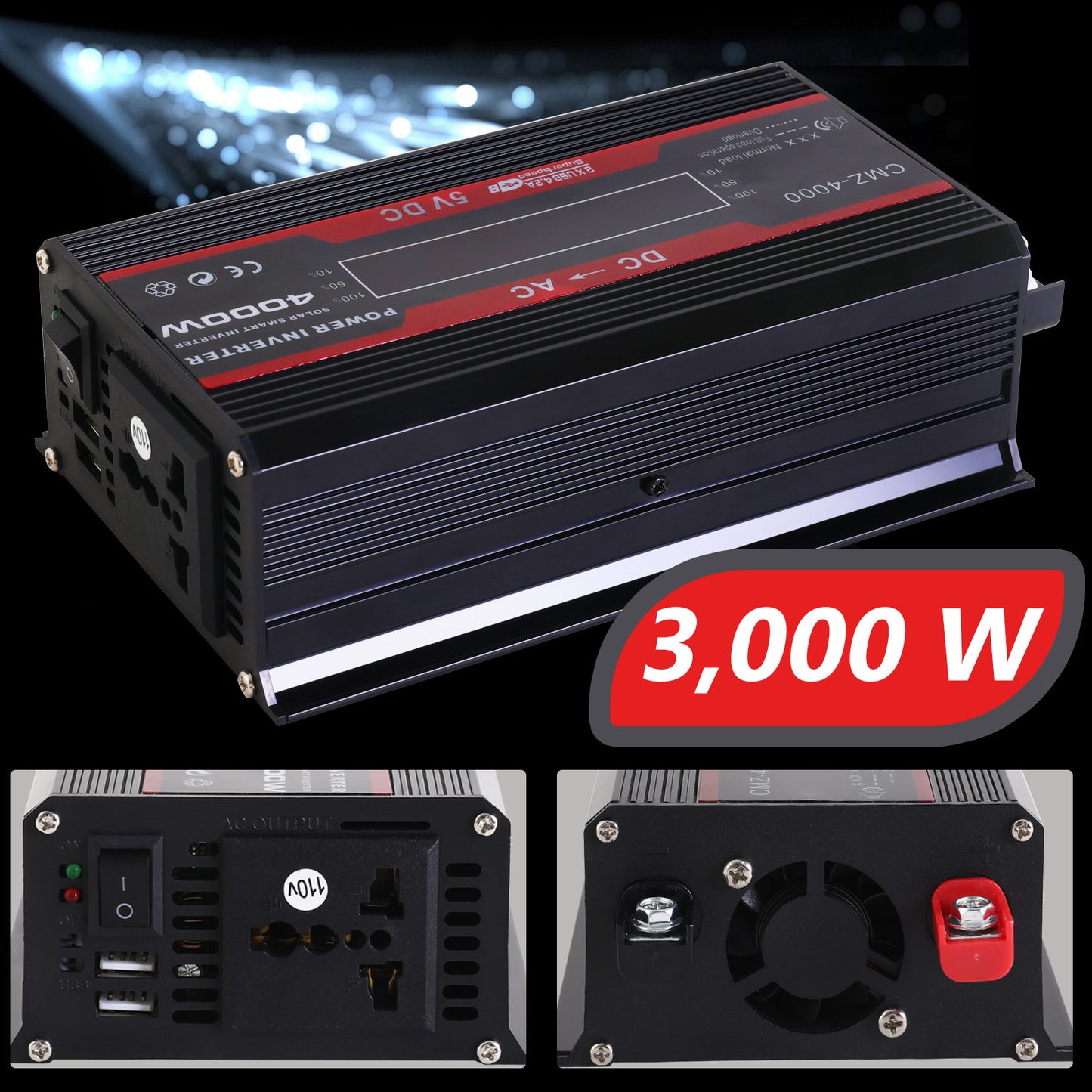 12V 800-Watt Continuous 3000-Watt Surge Power Inverter for Car