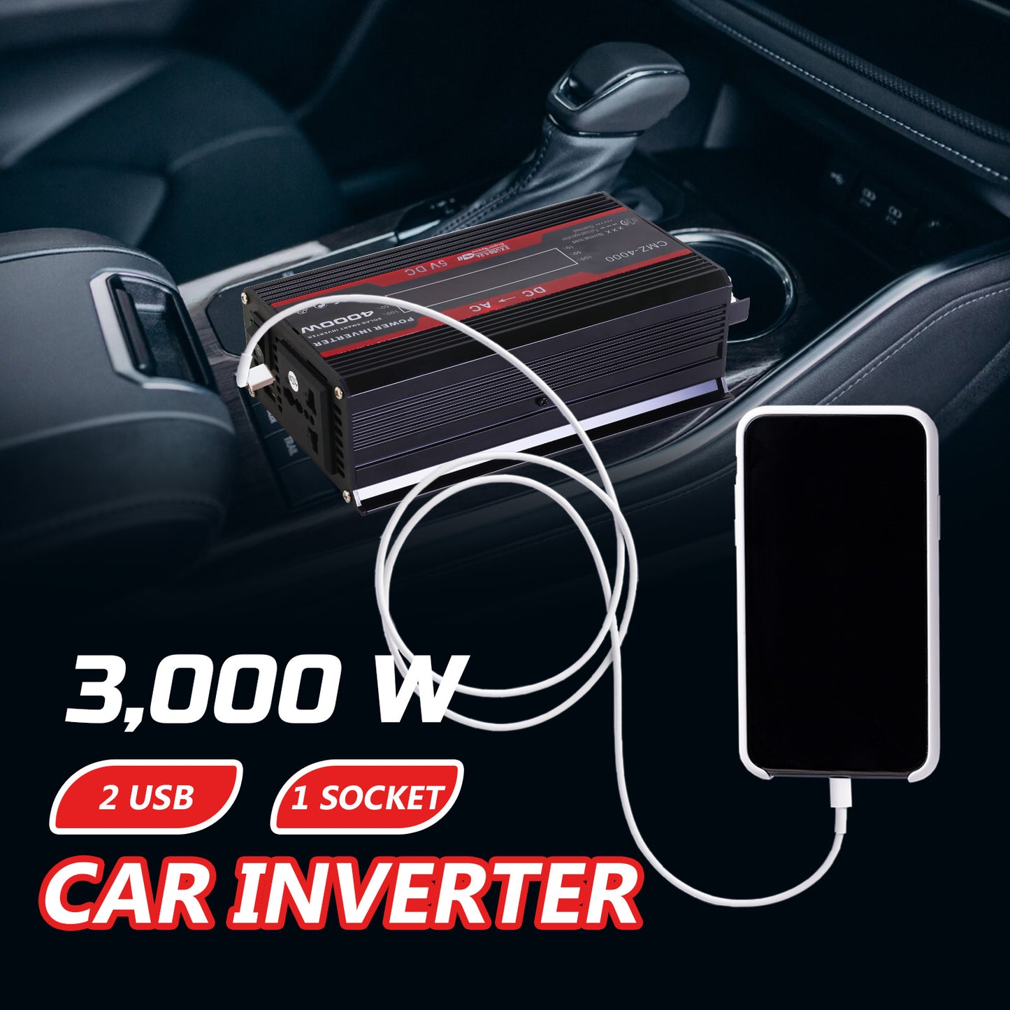 12V 800-Watt Continuous 3000-Watt Surge Power Inverter for Car
