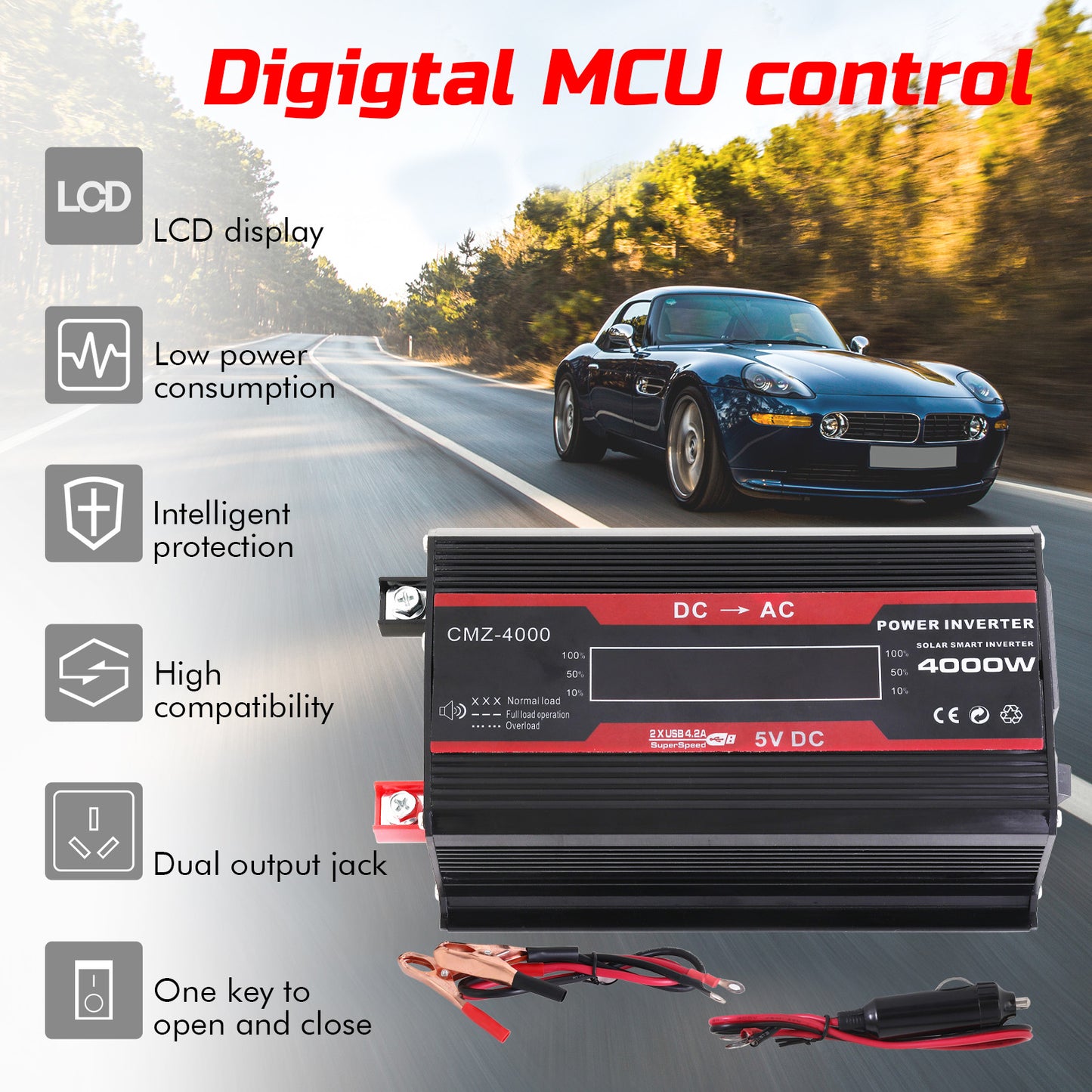 12V 800-Watt Continuous 3000-Watt Surge Power Inverter for Car