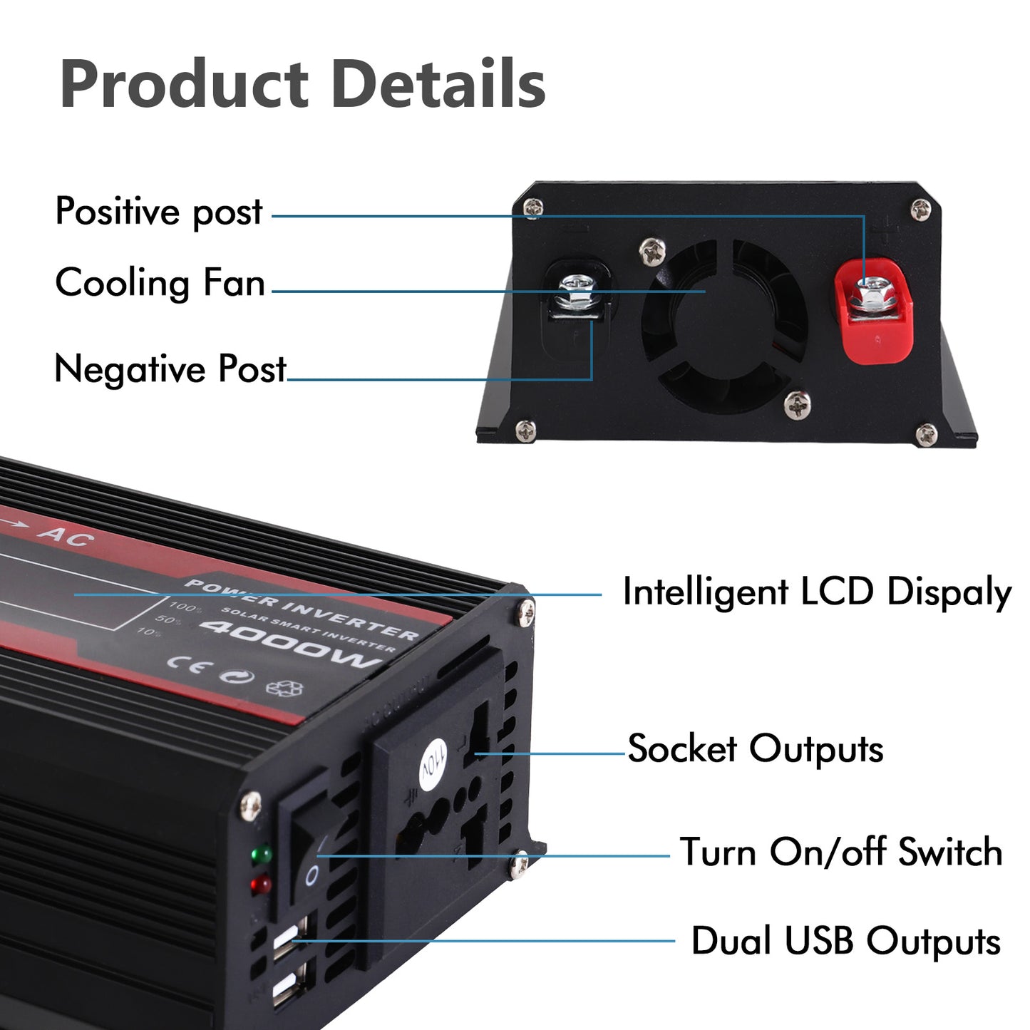 12V 800-Watt Continuous 3000-Watt Surge Power Inverter for Car